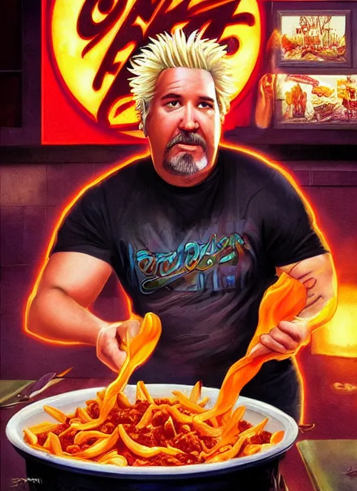Image similar to epic cinematic poster artwork for guy fieri eating chili cheese fries, moody painting by drew struzan, beautiful backlit, colorful, iconic composition, epic award winning, artstation, extremely detailed, flare, photorealistic, 4 k