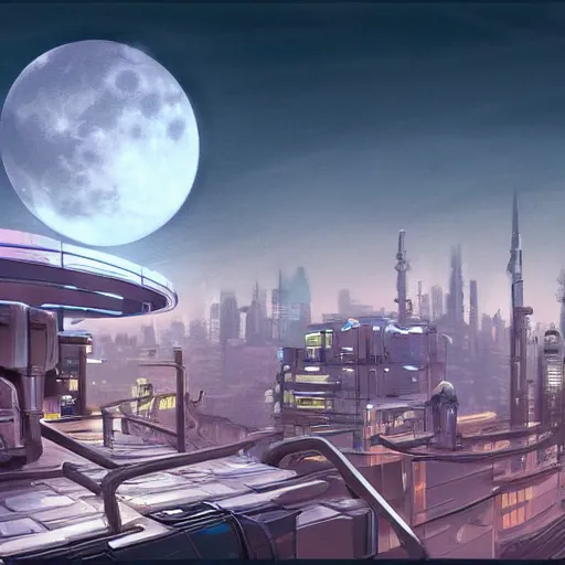 Image similar to an intricate, detailed matte painting of a rooftop in the futuristic city that has many aerials and structures on top with a huge, realistic moon in the background, dramatic lighting, 4k, trending on artstation, by Syd Mead