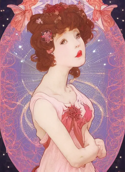 Image similar to portrait of a red - headed early thirties fairy, pixie, fae, imp, sprite in double bun hairstyle and sparkly, gleam baby pink coral outfit, elegant, intricate, highly detailed, smooth, sharp focus, ethereal, misty, fireflies in the backdrop. octane render, pastel color scheme, by hayao miyazaki and alphonse mucha.