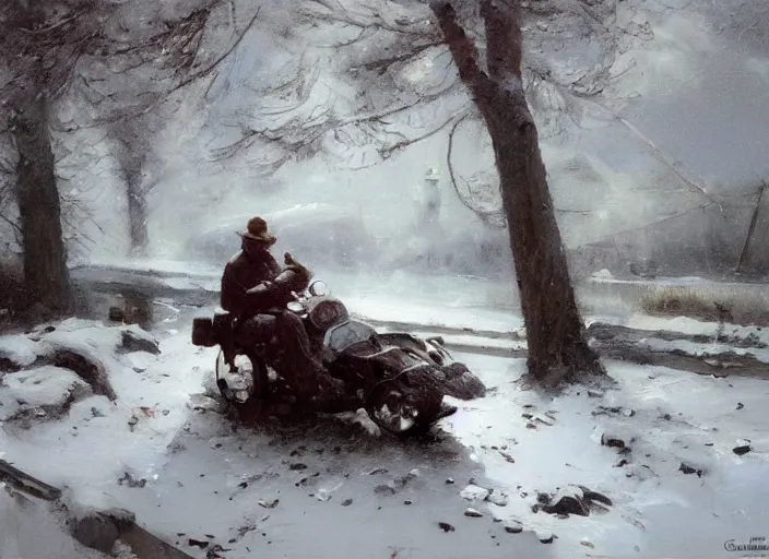 Image similar to oil painting, snow blizzard, high detailed art by dennis miller bunker, work by anders zorn, wonderful masterpiece by greg rutkowski, beautiful cinematic light, american romanticism by greg manchess, creation by tyler edlin
