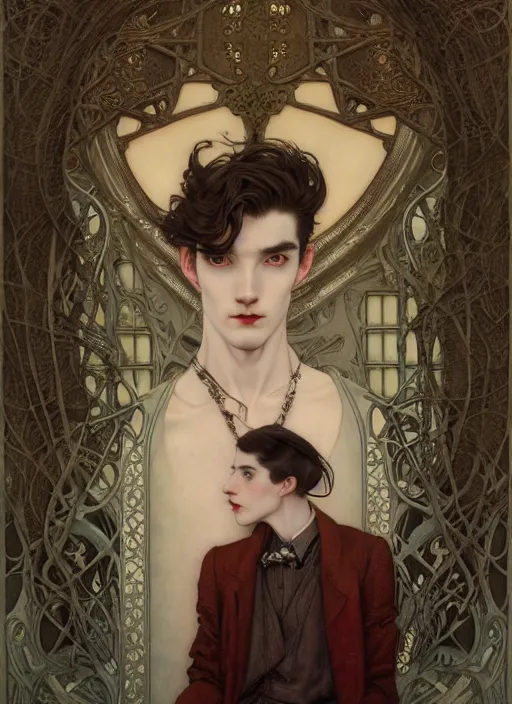 Image similar to edmund dulac, leyendecker, highly detailed portrait, a beautiful androgynous lee jong suk, long hair, tall and thin, wearing several pendants, art nouveau, stephen bliss, unreal engine, by greg rutkowski, loish, ferdinand knab, ilya kuvshinov, rossdraws, tom bagshaw, alphonse mucha, global illumination, radiant light