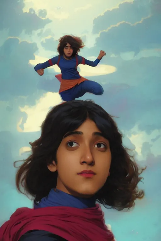 Prompt: A Full View of Kamala Khan played by Iman Vellani, filled with wonder. MCU. John hughes film. masterpiece 4k digital illustration by Ruan Jia and Mandy Jurgens and Artgerm and greg rutkowski and Alexander Tsaruk and WLOP and william-adolphe bouguereau, award winning, Artstation, art nouveau aesthetic, Alphonse Mucha background, intricate details, realistic, panoramic view, Hyperdetailed, 8k resolution, intricate art nouveau