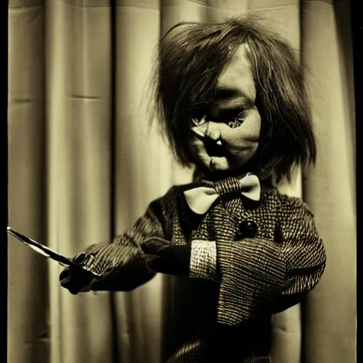 Image similar to ventriloquist doll holding a knife hiding behind a curtain, ventriloquist dummy, photo, hyperrealistic, creepy, dark, epic, cinematic, style of atget, style of cabinet of dr. caligari, detailed