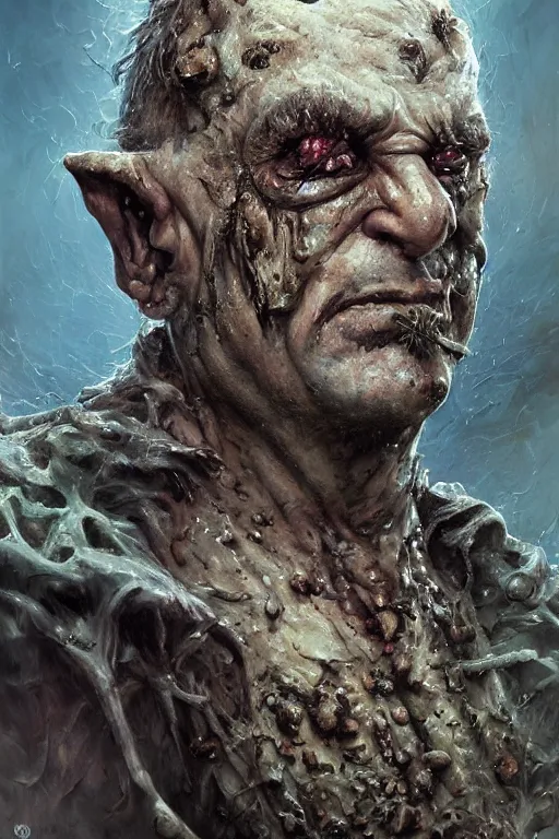 Image similar to closeup portrait shot of joe pesci as nurgle, the lord of pestilence, the plaguefather, great corrupter, decay, highly detailed, digital painting, artstation, concept art, soft focus, depth of field, artgerm, tomasz alen kopera, peter mohrbacher, donato giancola, wlop, boris vallejo