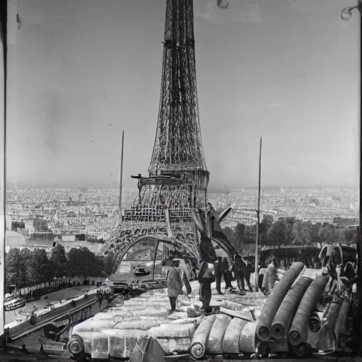 Image similar to workers renovating a gruyère cheese made Eiffel tower, Paris in the background