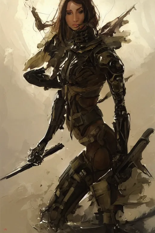 Image similar to a professionally painted portrait of an attractive young woman, clothed in military armor, olive skin, long dark hair, beautiful bone structure, symmetrical facial features, intricate, elegant, digital painting, trending on Artstation, concept art, smooth, sharp focus, illustration, from Metal Gear by Ruan Jia and Mandy Jurgens and Artgerm and William-Adolphe Bouguerea, award winning