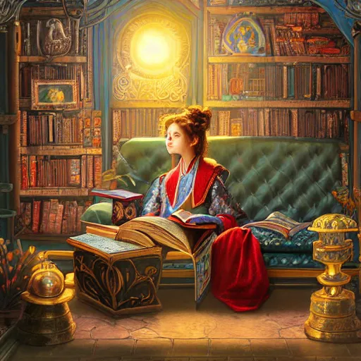 Image similar to a highly detailed fantasy pastel painting of a young wizard in ornate clothing lounging on a purpur pillow on the marble floor in front of her bookcase, studying an ancient tome. to the side is a potted plant and some blue candles. ancient oriental retrofuturistic setting. 4 k key art in the style yoshitaka amano