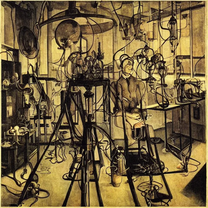 Prompt: the inventor in his laboratory with contraption, oceanian statues, cyberpunk, bioluminescent cables. lamp light. henri de toulouse - lautrec, jan van eyck, rene magritte, max ernst, walton ford, agnes pelton