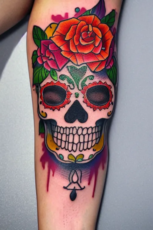 Prompt: tattoo of sugar skull, bright colors