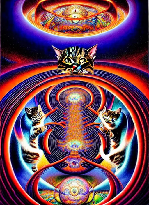 Prompt: realistic detailed image of a cats dancing in the 5th dimensional toroidal field outer hyperspace, shipibo , by Alex Grey, by Ayami Kojima, Amano, Karol Bak, Greg Hildebrandt, and Mark Brooks. rich deep colors. Beksinski painting, part by Adrian Ghenie and Gerhard Richter. art by Takato Yamamoto. masterpiece