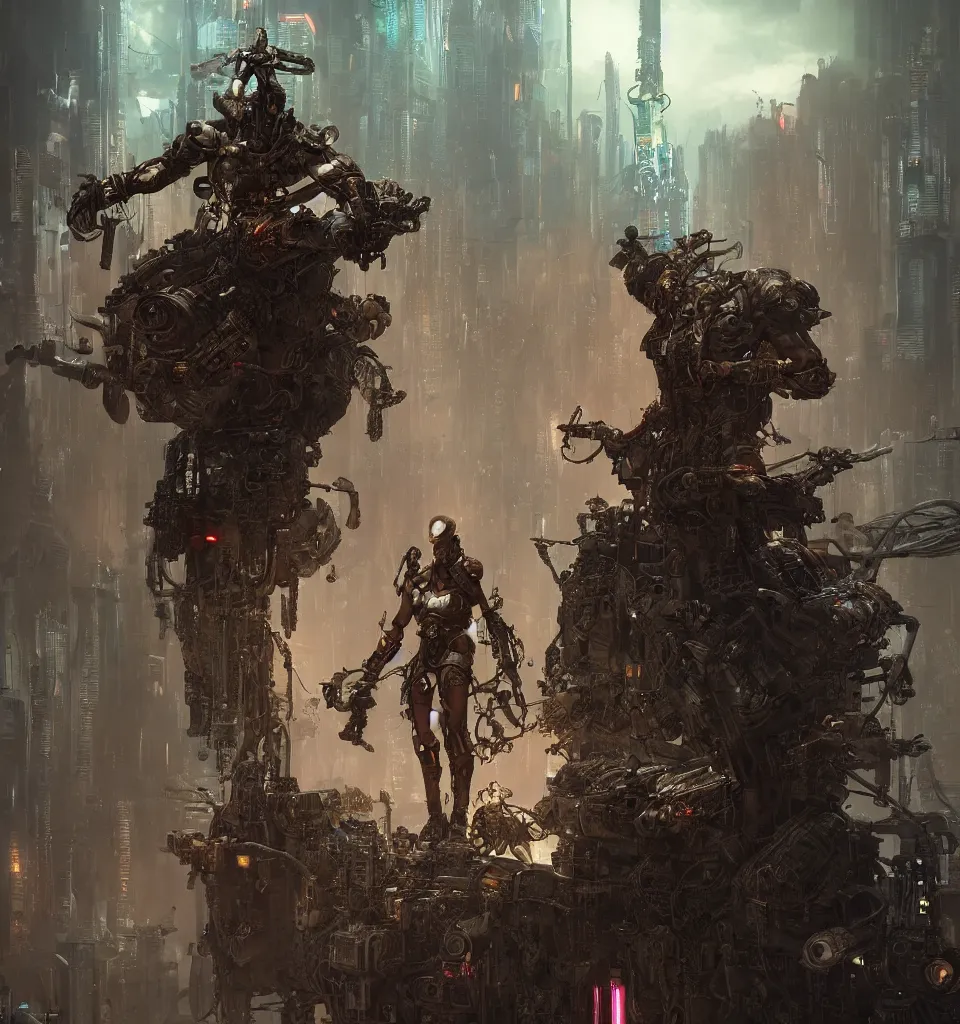 Image similar to cyberpunk gladiator, cinematic, highly detailed, octane render, cg, rich cinematic atmosphere, perfect digital art, mystical journey in strange world, Mystical, cyberpunk, tech war, sci-fi, surreal, glowing lights, sharp focus, high detailed, by Akihiko Yoshida, michael whelan and Karol Bak