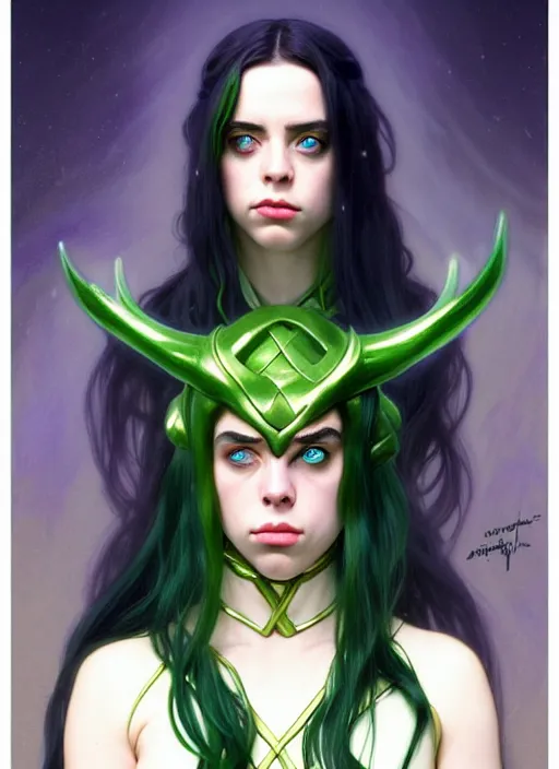 Image similar to Billie Eilish as Female Loki, very detailed, digital art, trending on artstation, concept art, smooth, illustration, art by artgerm and greg rutkowski and alphonse mucha and J. C. Leyendecker and Edmund Blair Leighton and Katsuhiro Otomo and Geof Darrow and Phil hale and Ashley wood