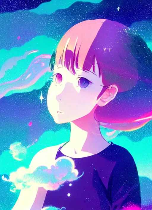 Prompt: portrait of a very cute girl blowing a vape cloud of psychedelic galaxies, smoke made of stars, white background, illustration concept art anime key visual, very trippy and abstract, trending pixiv fanbox by wlop and greg rutkowski and makoto shinkai and studio ghibli and kyoto animation