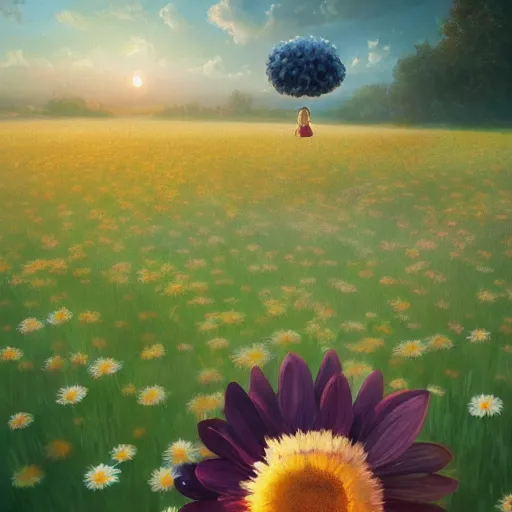 Image similar to giant daisy flower as head, girl sitting in a flower field, surreal photography, sunrise, dramatic light, impressionist painting, colorful clouds, digital painting, artstation, simon stalenhag