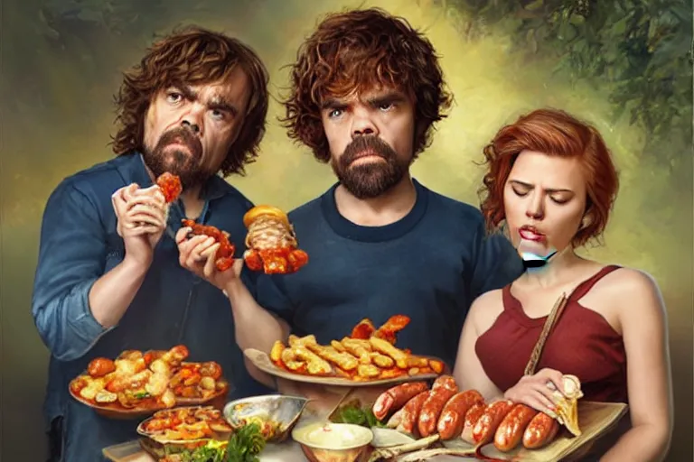 Prompt: portrait of peter dinklage sharing hotdogs with scarlett johansson, an oil painting by ross tran and thomas kincade