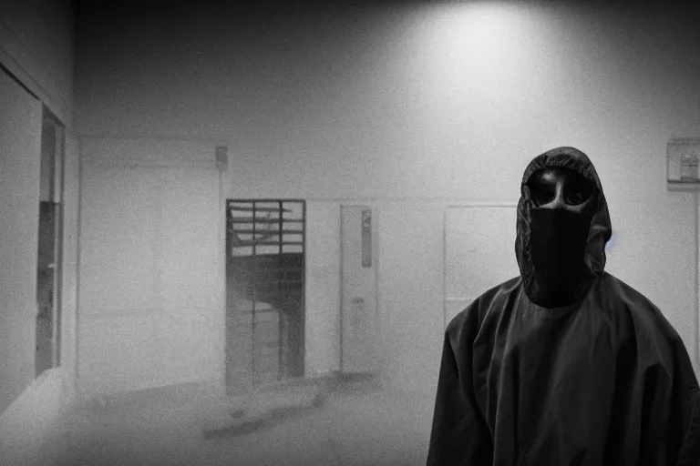 Image similar to a cinematic portrait of a prisoner dressed in a a black and white hazmat suit in a small prison cell, dust storm, annie leibovitz and zack snyder, 8 k, hd, high resolution, 8 5 mm, f / 1. 8
