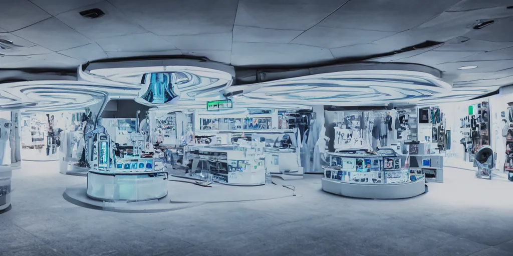 Image similar to a photo of a clean alien shop, futuristic, holographic, 8k, sharp focus, Fujifilm