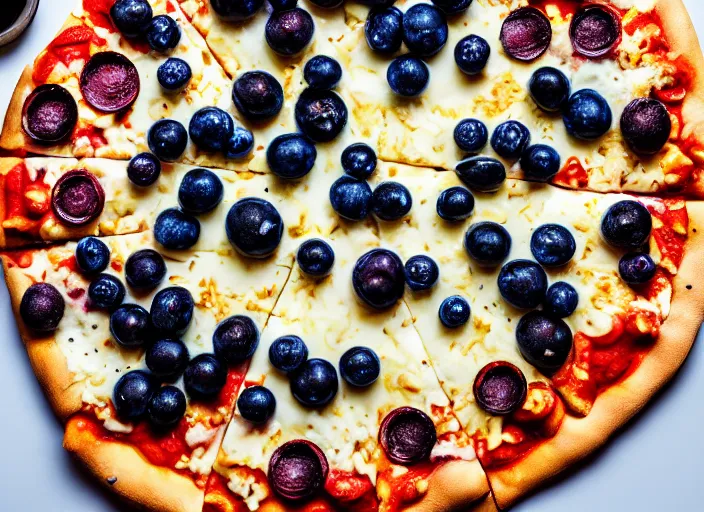 Image similar to A delicious plate of a big pizza with small blueberries on, extra cheese, close up food photography, studio lighting, Sigma 35mm f/1.4