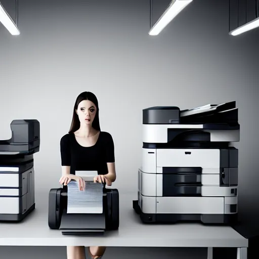 Image similar to a woman surrounded by printers, photorealistic, studio lighting, white ambient background, highly detailed