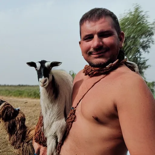 Prompt: a shirtless bramhin man carrying a goat around his neck