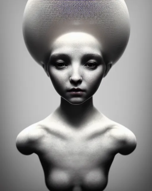 Prompt: dreamy, monochrome, subsurface scattering, white, young beautiful goddess - robot in cosmos, octane render, dino valls, mark ryden, joe fenton, michal karcz, highly detailed, rim light, art, cinematic lighting, very coherent, hyper realism, 8 k