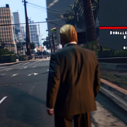 Image similar to donald trump busted in gta v, open world gameplay, isometric view, ps 5 screenshot, third person perspective, 3 d render, cryengine, highly detailed