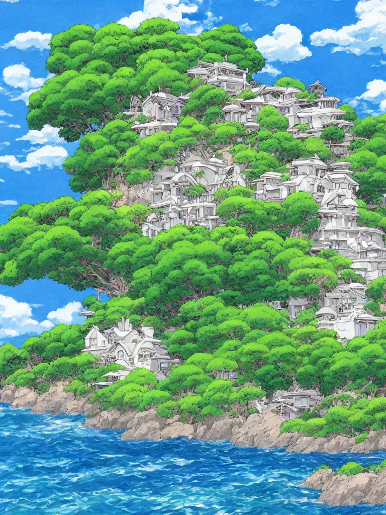 Prompt: studio ghibli background painting, kazuo oga, stucco house by the beach, blue sky with few clouds, details, hyper-detailed, HD, 4K, 8K