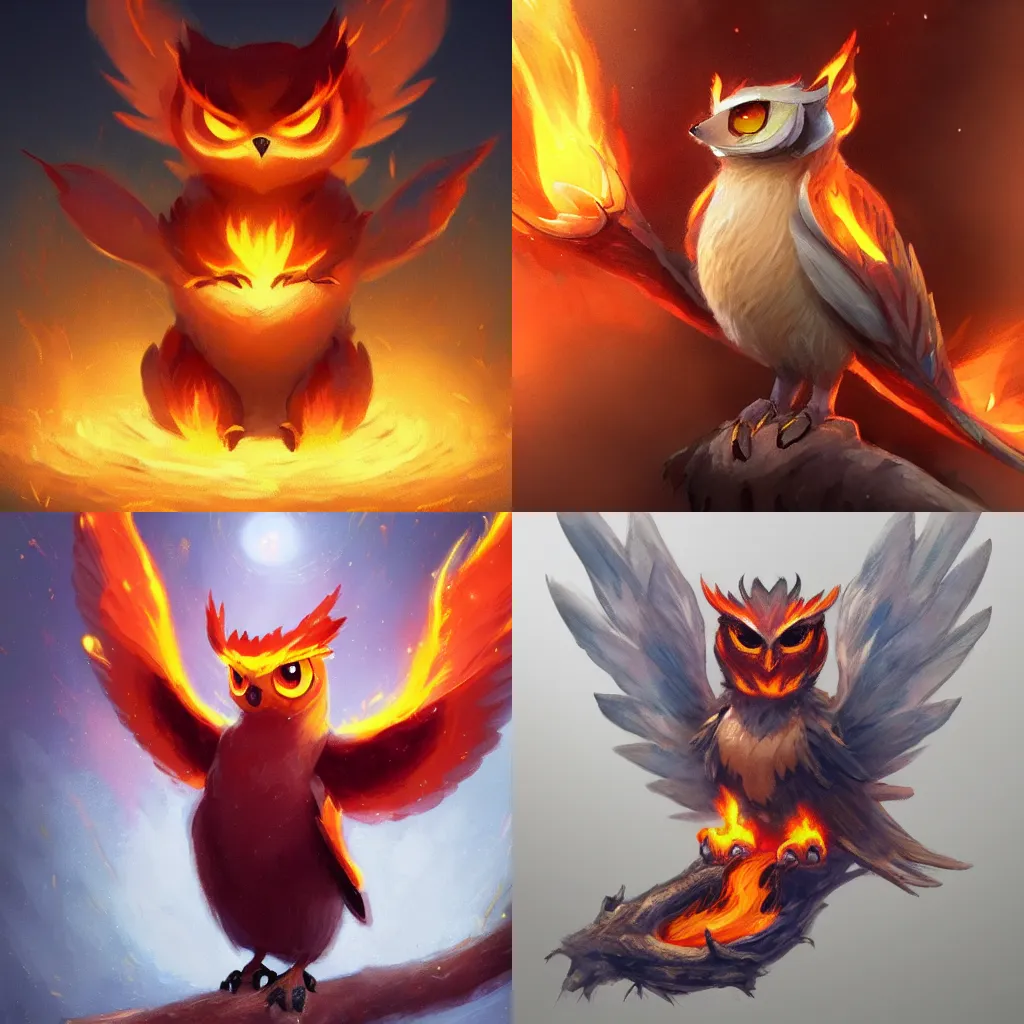 Prompt: full shot,a cute fire owl Pokémon with big eyes made of flame,Greg Rutkowski,trending on artstation,Thomas Kinkade,Light and shadow, High detail