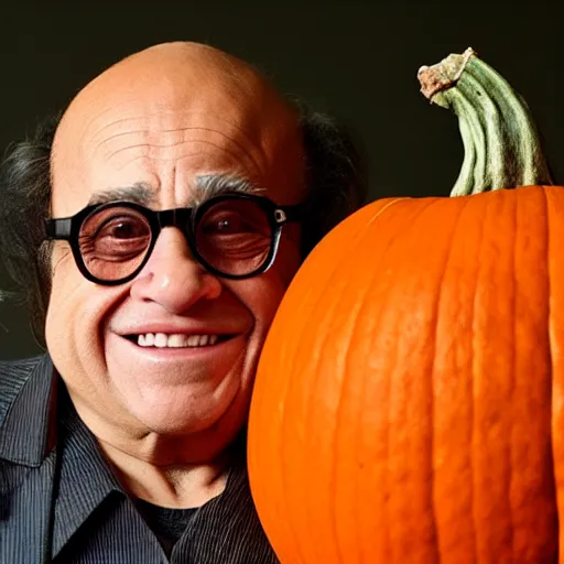 Prompt: photograph of danny devito cosplaying as a pumpkin, 4 k