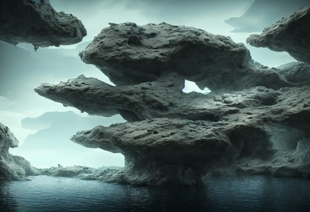 Image similar to inside of alien lake landscape of human mind and imagination, big rocks and pebbles, matte painting, beautiful render, octane render, concept art