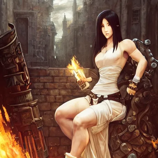 Image similar to a painting of tifa from final fantasy 7, in kings landing from game of thrones, sitting majestic on the iron throne, by greg rutkowski, artgerm, wlop, ruan jia, krenz cushart, alphonse mucha, marble, gold, unreal engine 5