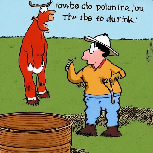 Prompt: a cow points at a bucket, a farmer stands nearby, illustrated by gary larson