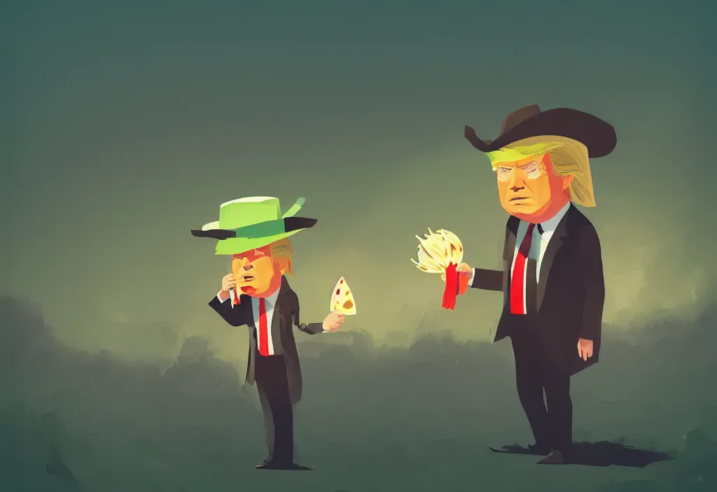 Image similar to donald trump dressed in poncho and sombrero holding a taco, presidental elections candidates, cnn, fox news, fantasy, by atey ghailan, by greg rutkowski, by greg tocchini, by james gilleard, by joe gb fenton, dynamic lighting, gradient light green, brown, blonde cream, salad and white colors in scheme, grunge aesthetic