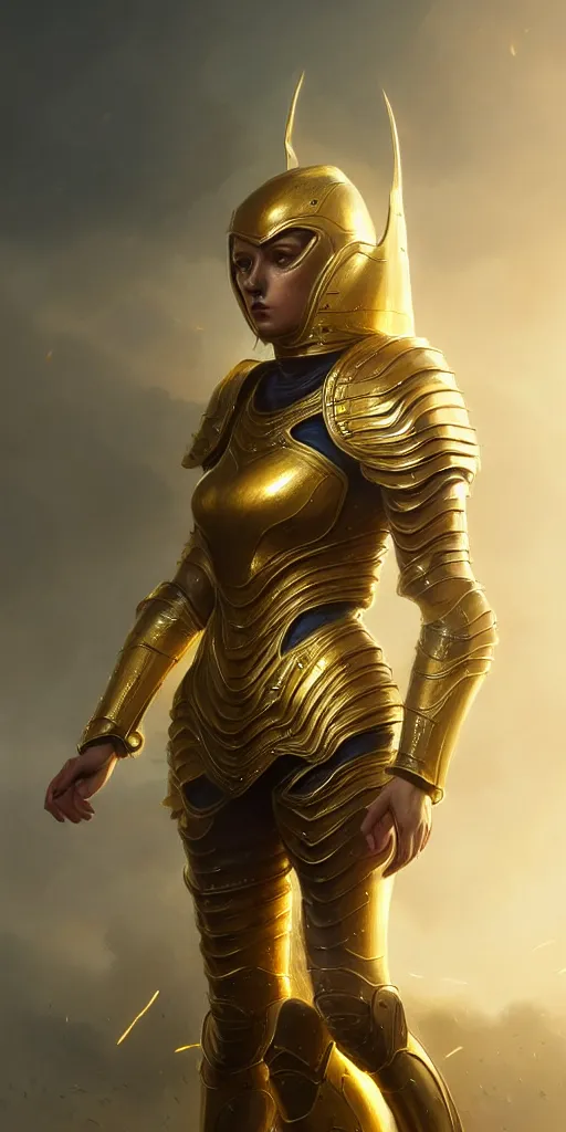 Prompt: professional digital art of a hyper realistic and highly detailed woman beautiful golden armor. accurate rending of one woman in armor. greg rutkowski, zabrocki, karlkka, jayison devadas, intricate, trending on artstation, 8 k, unreal engine 5, pincushion lens effect