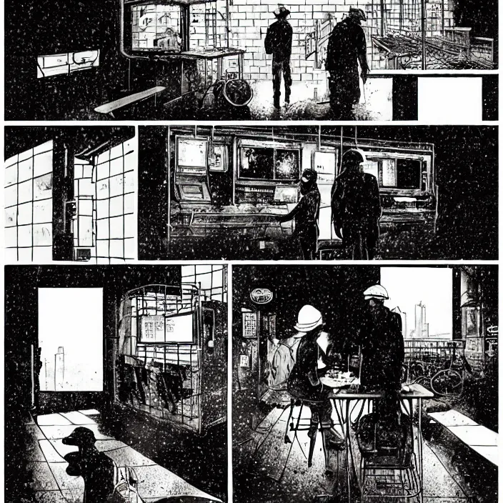 Image similar to sadie sink as a coal miner : sits at a table, eats bread. inside a dirty automated kiosk. bright tasty food options displayed on a wall. black tiles on walls. black and white, pencil and ink. by gabriel hardman, joe alves, chris bonura. cinematic atmosphere, detailed and intricate, perfect anatomy