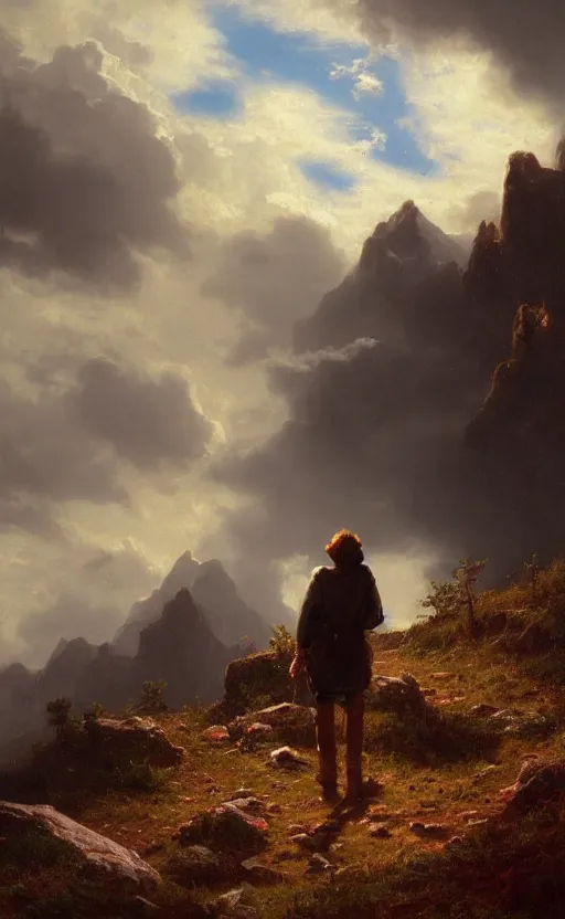 Image similar to a traveler wandering through the mountains looking at the clouds, very detailed, focused, oil painting, cinematic lighting, Albert Bierstadt, trending on Artstation