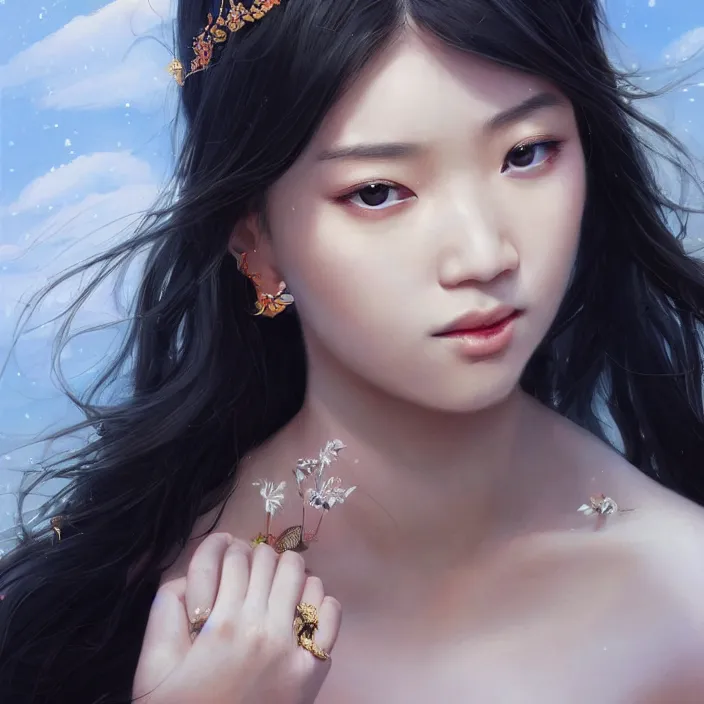 Image similar to a beautiful young charming asian goddess with sundress + jewelry + shinny eyes | | winter, symmetric, realistic shaded, unpleasant face, good looking, fine details, dior, lv, realistic shaded lighting poster by greg rutkowski, macoto takahashi, magali villeneuve, artgerm, jeremy lipkin and michael garmash