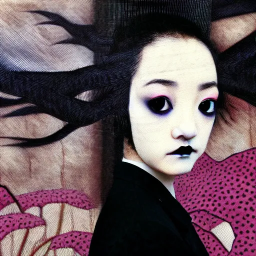 Image similar to yoshitaka amano blurred and dreamy realistic three quarter angle portrait of a young woman with black lipstick and black eyes wearing dress suit with tie, junji ito abstract patterns in the background, satoshi kon anime, noisy film grain effect, highly detailed, renaissance oil painting, weird portrait angle, blurred lost edges