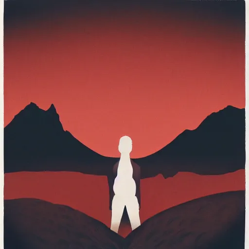 Prompt: A beautiful illustration of a small figure standing in the center of a dark, foreboding landscape. The figure is surrounded by strange, monstrous creatures, and there is a feeling of unease and dread. red, alhambresque by Lyubov Popova, by Ryan McGinley rich details