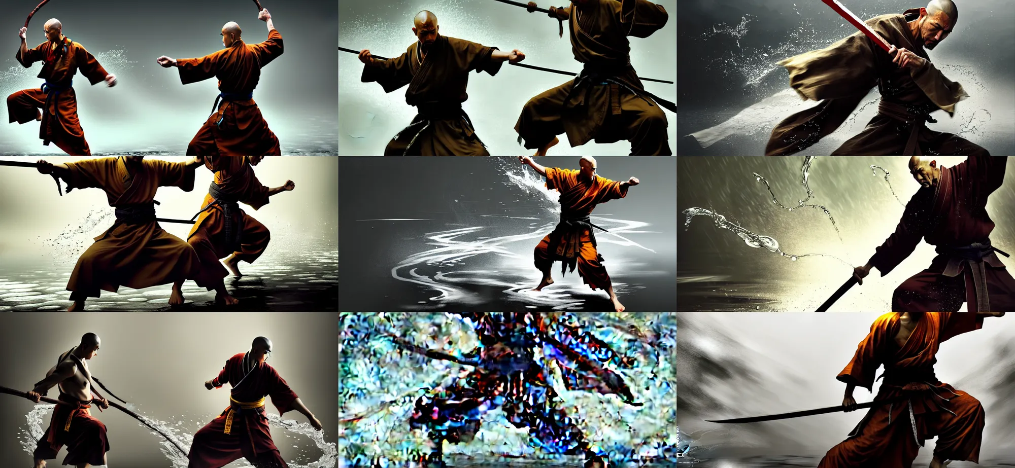 Prompt: Epic action scene, Concept art of a monk, streams of glistening water follow his movement patterns, full body wuxia, shaolin martial arts by Akihito Yoshitomi AND Yoji Shinkawa AND Greg Rutkowski, Mark Arian trending on artstation, 4k