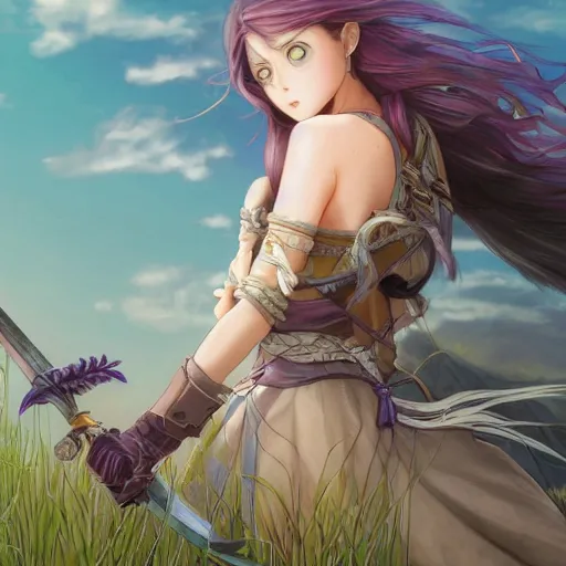 Prompt: girl with purple long hair and wings holding a sword, serious, extremely detailed, made by wlop, studio ghibli, artgerm, full body portrait, illustration, grass, sunny, sky, anime, side view, perfect anime face, detailed face, zoomed out,