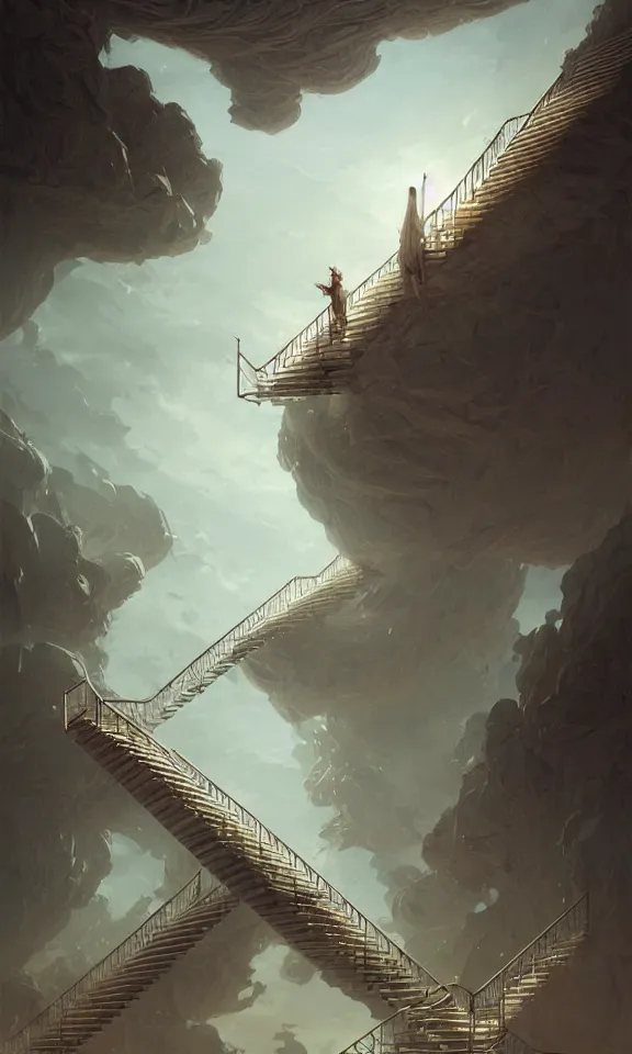 Image similar to endless stairs made of books leading to heaven, sky full of clouds, art by greg rutkowski and peter mohrbacher, featured in artstation, octane render, cinematic, elegant, intricate, ultra detailed, rule of thirds, professional lighting, unreal engine, fantasy, concept art, sharp focus, illustration, 8 k