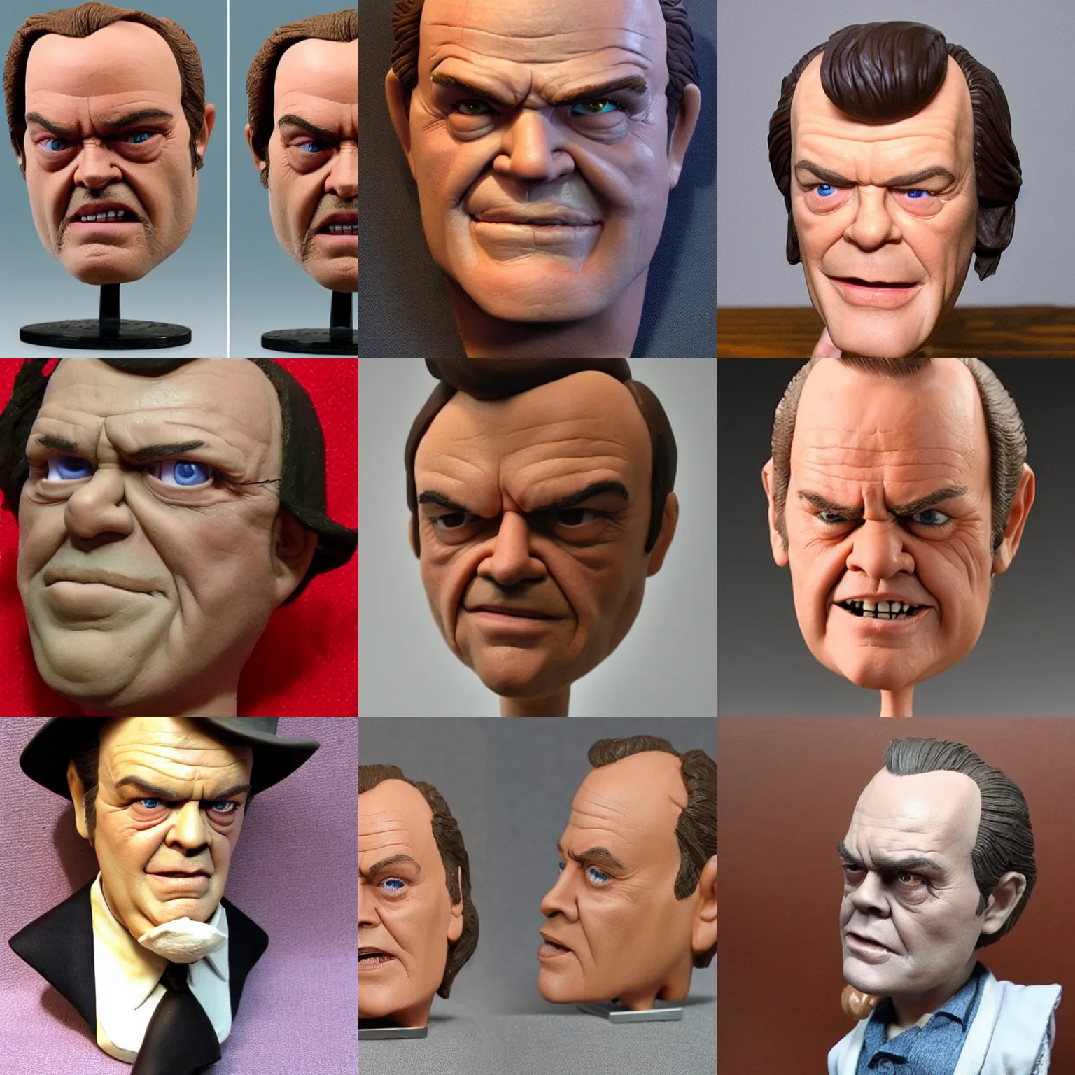 Prompt: real jack nicholson!! clay! close detailed sculpted head , style: claymation puppet kids clay , by guldies