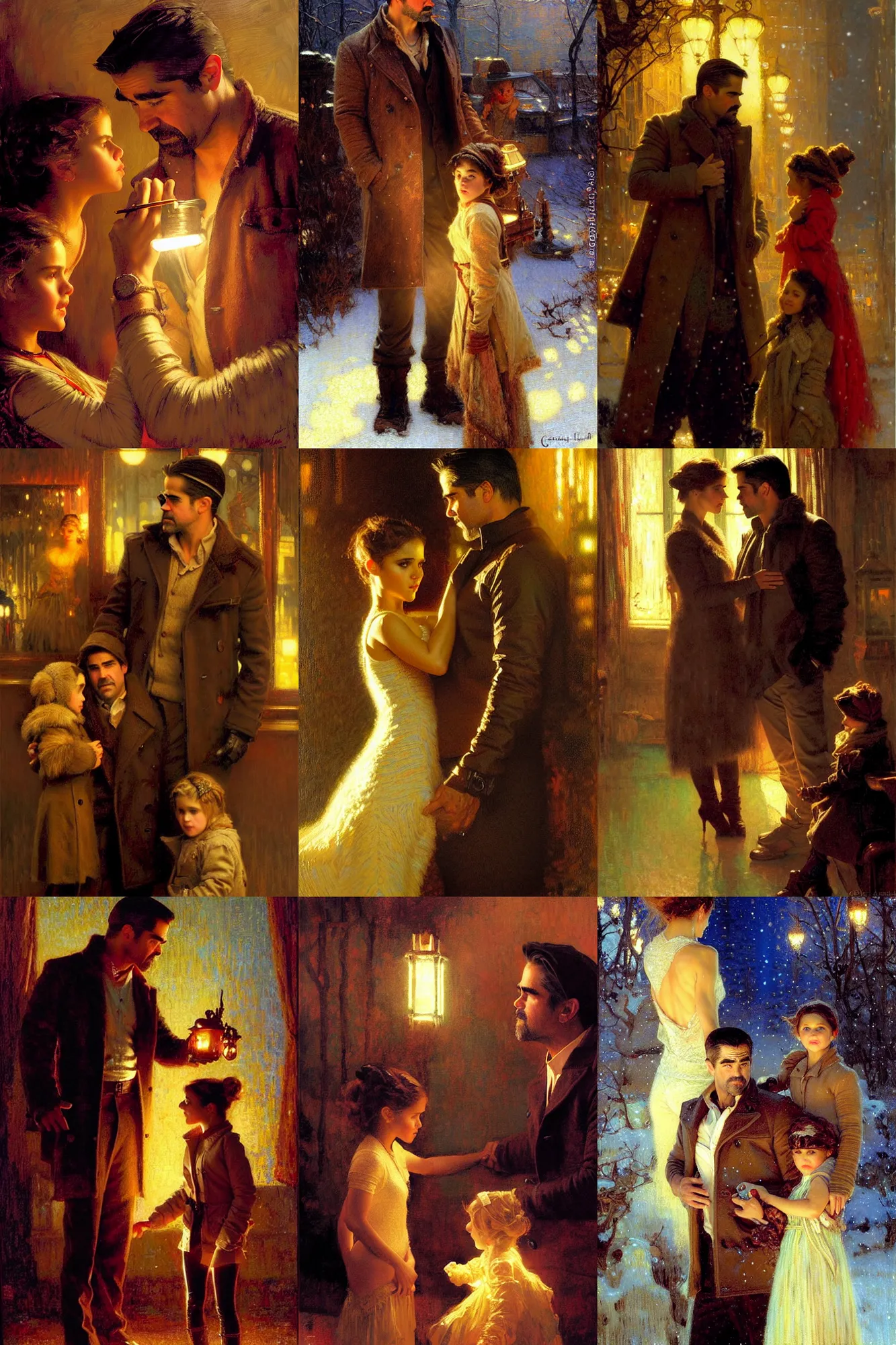 Prompt: winter, colin farrell with jessica alba woman, with a kid, neon light, painting by gaston bussiere, craig mullins, j. c. leyendecker