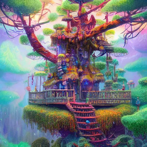 Image similar to detailed concept colorful fantasy painting of a transcendental treehouse, artwork by Paul Lehr and Lexander Jansson, framed focus, cinematic lighting, hyperdetailed, 8k, high resolution, insanely detailed and intricate, octane render