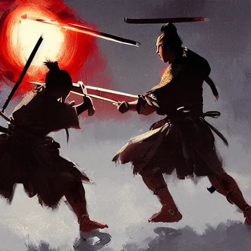 Image similar to samurai duel, paint by greg rutkowski