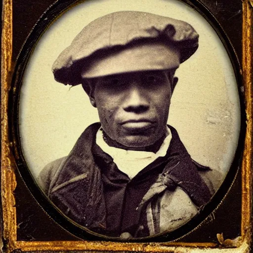 Prompt: daguerreotype photograph of jerma 9 8 5 wearing a ripped t - shirt and a newsboy cap, old photo, vintage, industrial revolution, historical archive, realistic