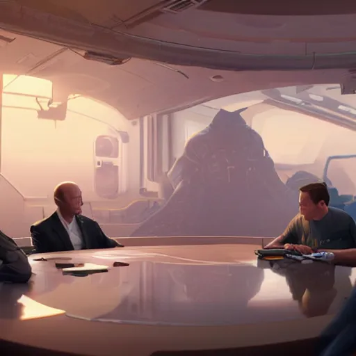 Prompt: Illustration meeting between Elon Musk, Jeff Bezos and Mark Zuckenberg to create the great simulation by Greg Rutkowski and James Gilleard, cgs society, unreal engine, 8k