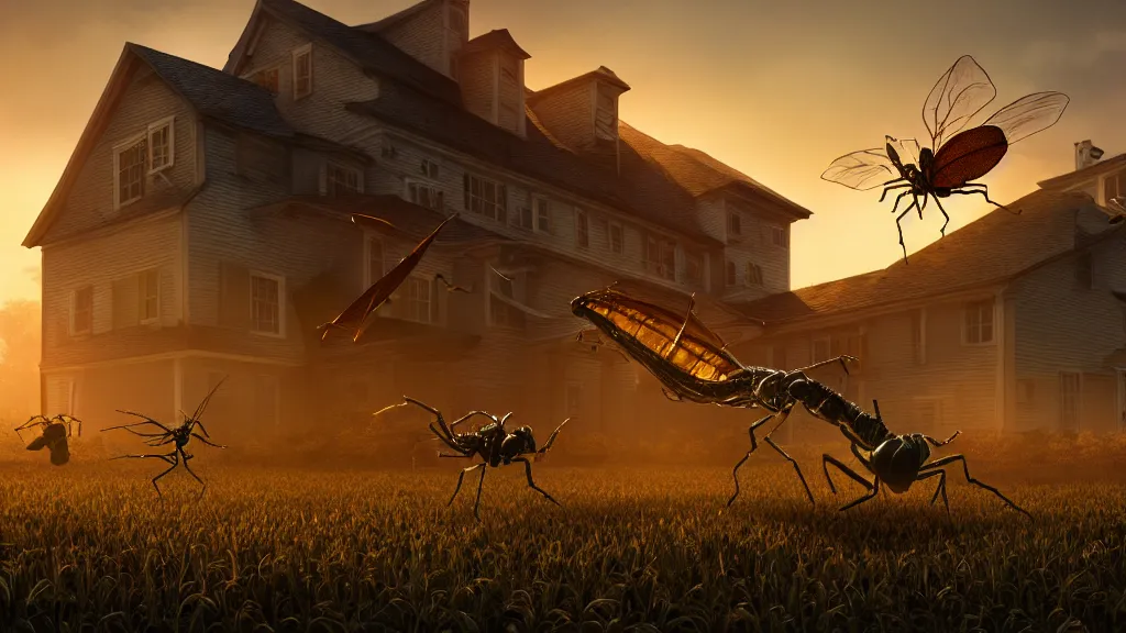 Image similar to giant insects terrorize a farm house, hyperdetailed, artstation, cgsociety, golden hour 8k