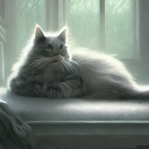 Prompt: cinematic view fluffy beutiful cat sleeping on the couch digital painting, artstation, concept art, soft light, hdri, smooth, sharp focus, illustration, fantasy, intricate, elegant, highly detailed, D&D, matte painting, in the style of Greg Rutkowski and Alphonse Mucha and artemisia, 8k, highly detailed, jurgens, rutkowski, bouguereau, pastoral, rustic, georgic